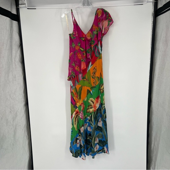 Farm Rio Flowery Ruffle One Strap Satin Asymmetrical Tropical Maxi Dress XL - Picture 2 of 9